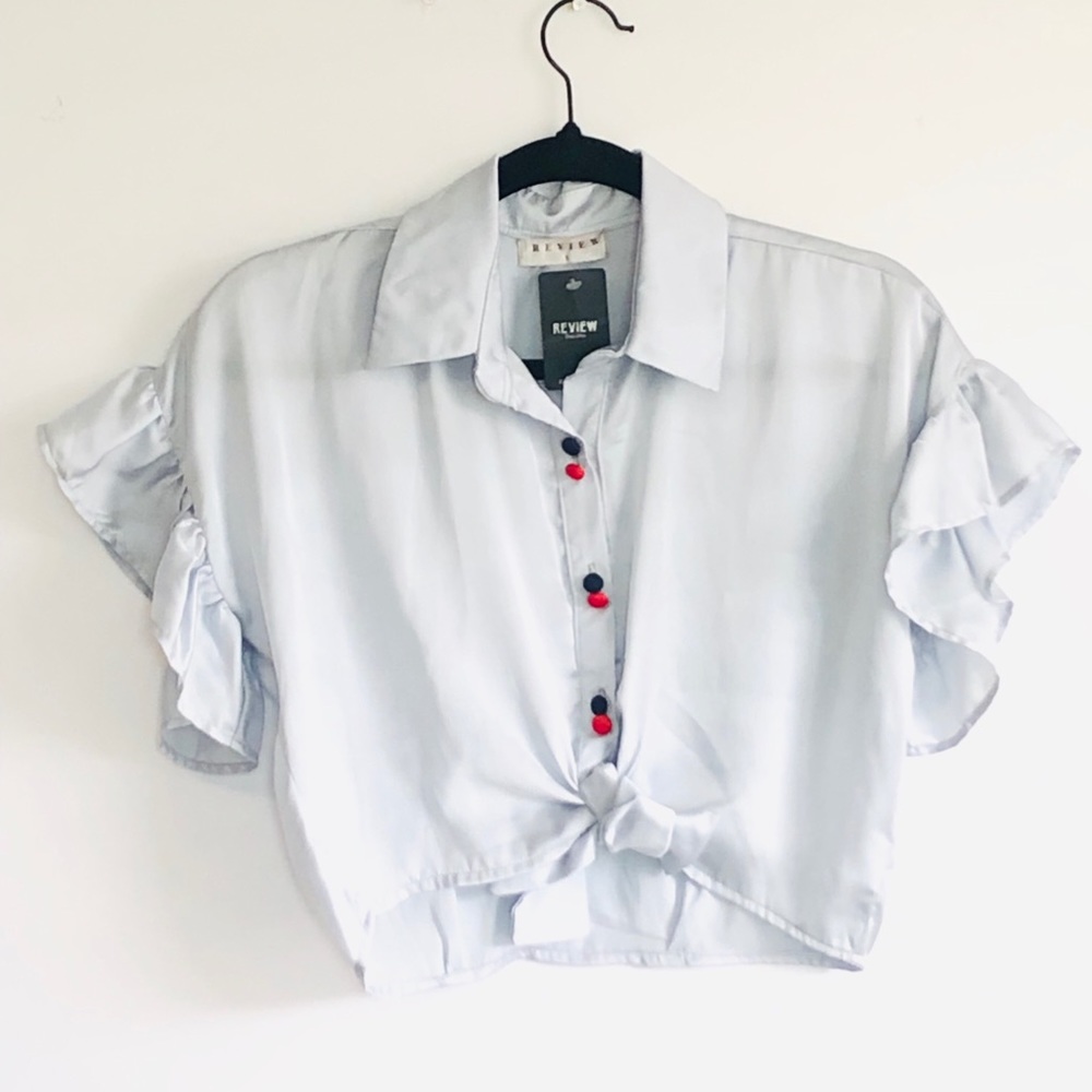 REVIEW Silk Cropped Gray  Blouse Top